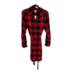 GAP Women Plaid Shirt Dress Long Sleeve Belted Red Black Size L